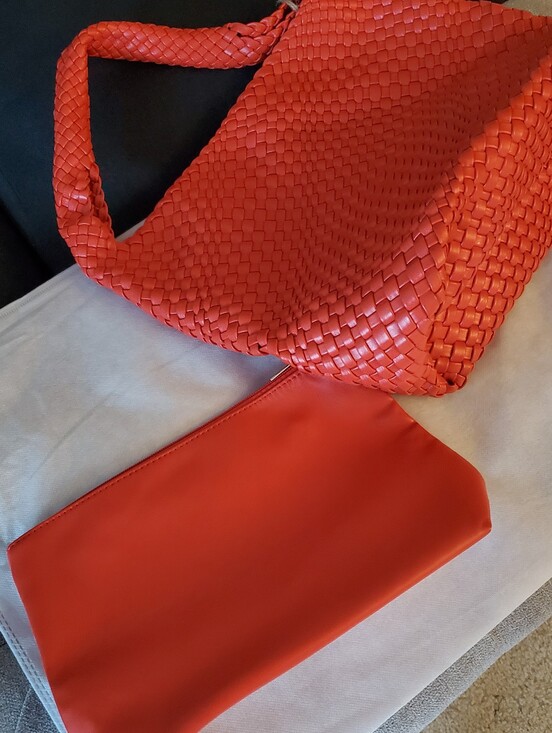 Handbags - Orange Woven Vegan Leather Shoulder Bag with Matching Pouch. NWT